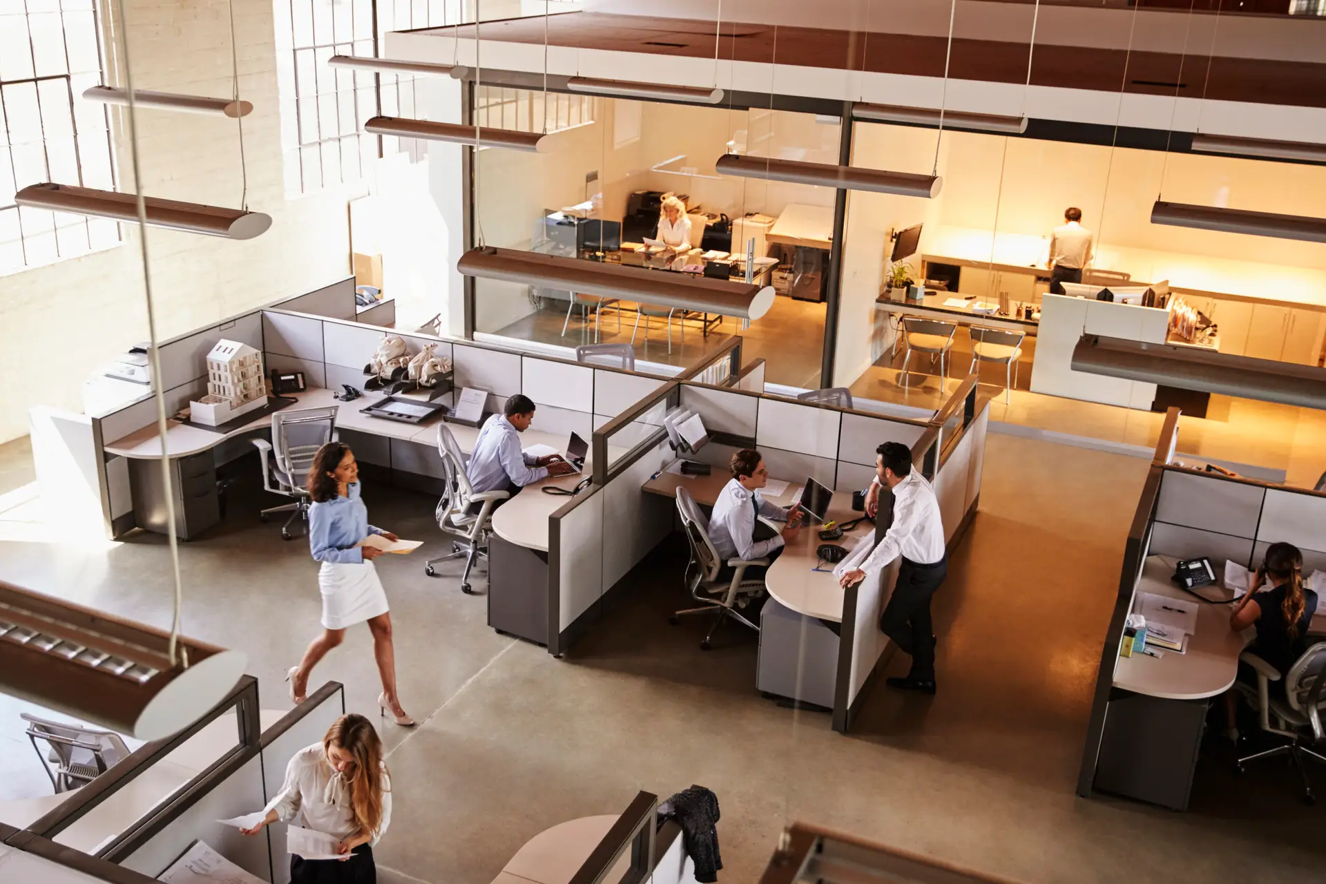 Elevated view of a busy open plan office